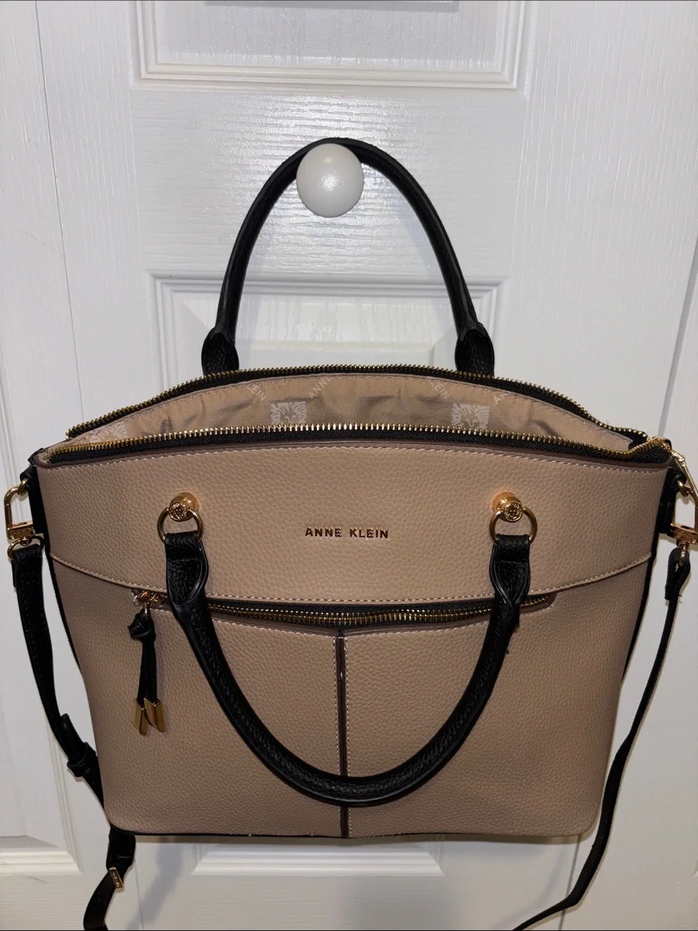 Anne Klein Beige Pebbled Satchel with Black Trim